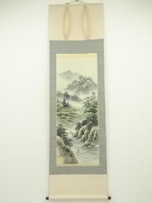 上田邦彦筆　彩色山水　肉筆絹本掛軸（共箱）